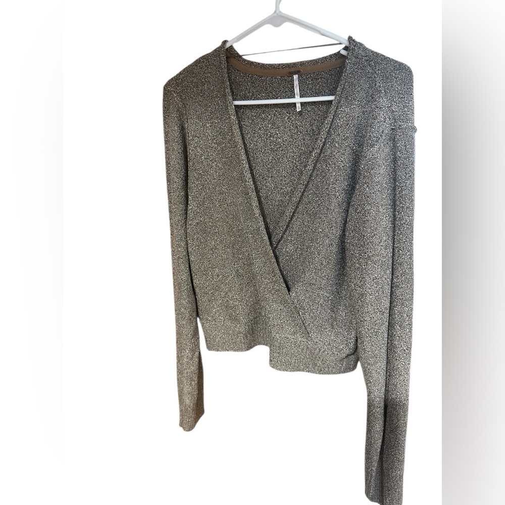 Free People V-Neck Sweater - Gray, taupe with a splash of gold shimmer.